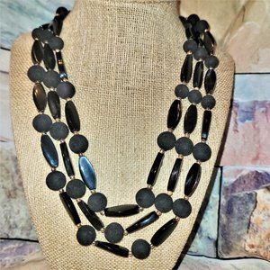 Classy Classic 3 Strand Matinee of Plastic & Suede Like Beaded Necklace